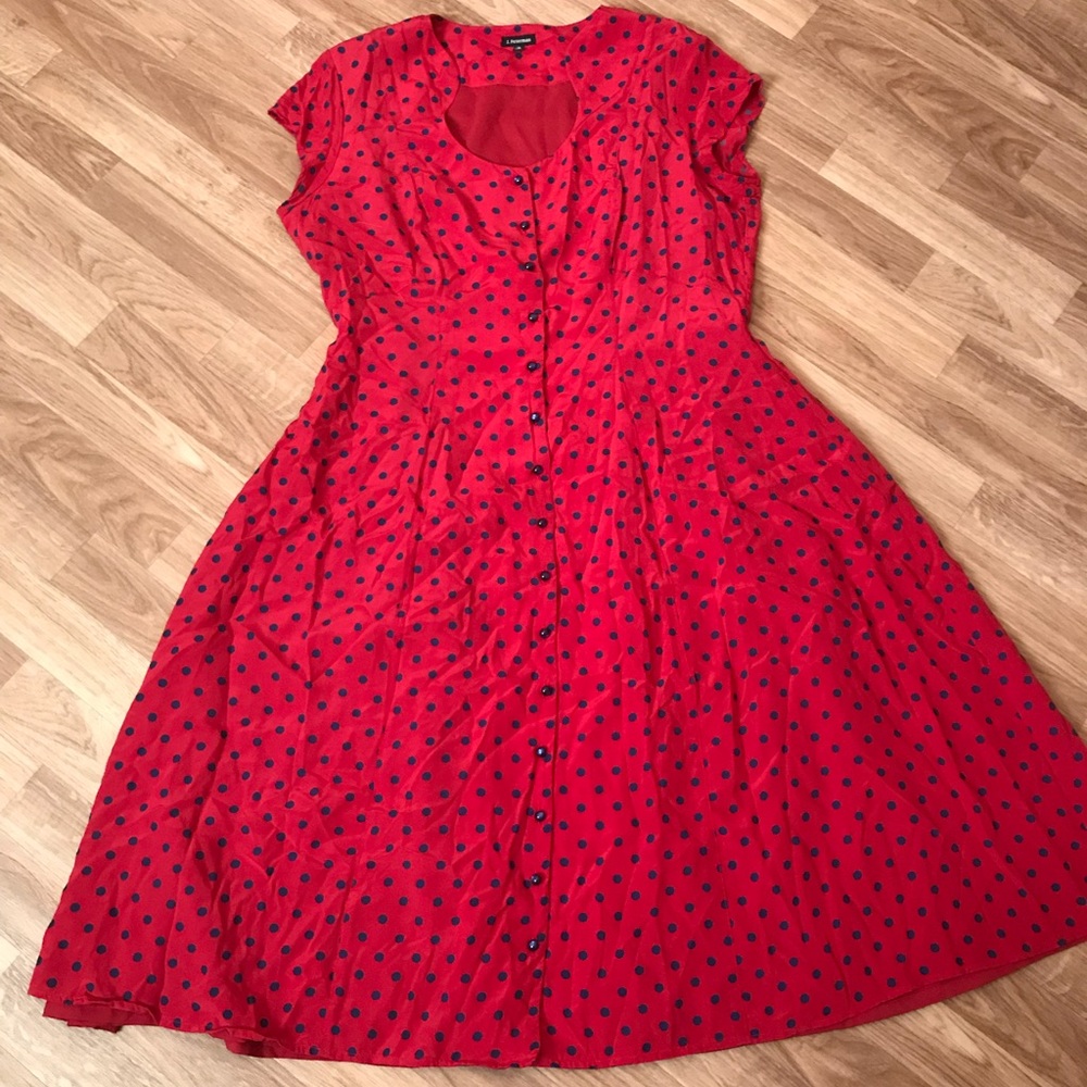 J. Peterman Red/Navy Button Up Dress - Size 16